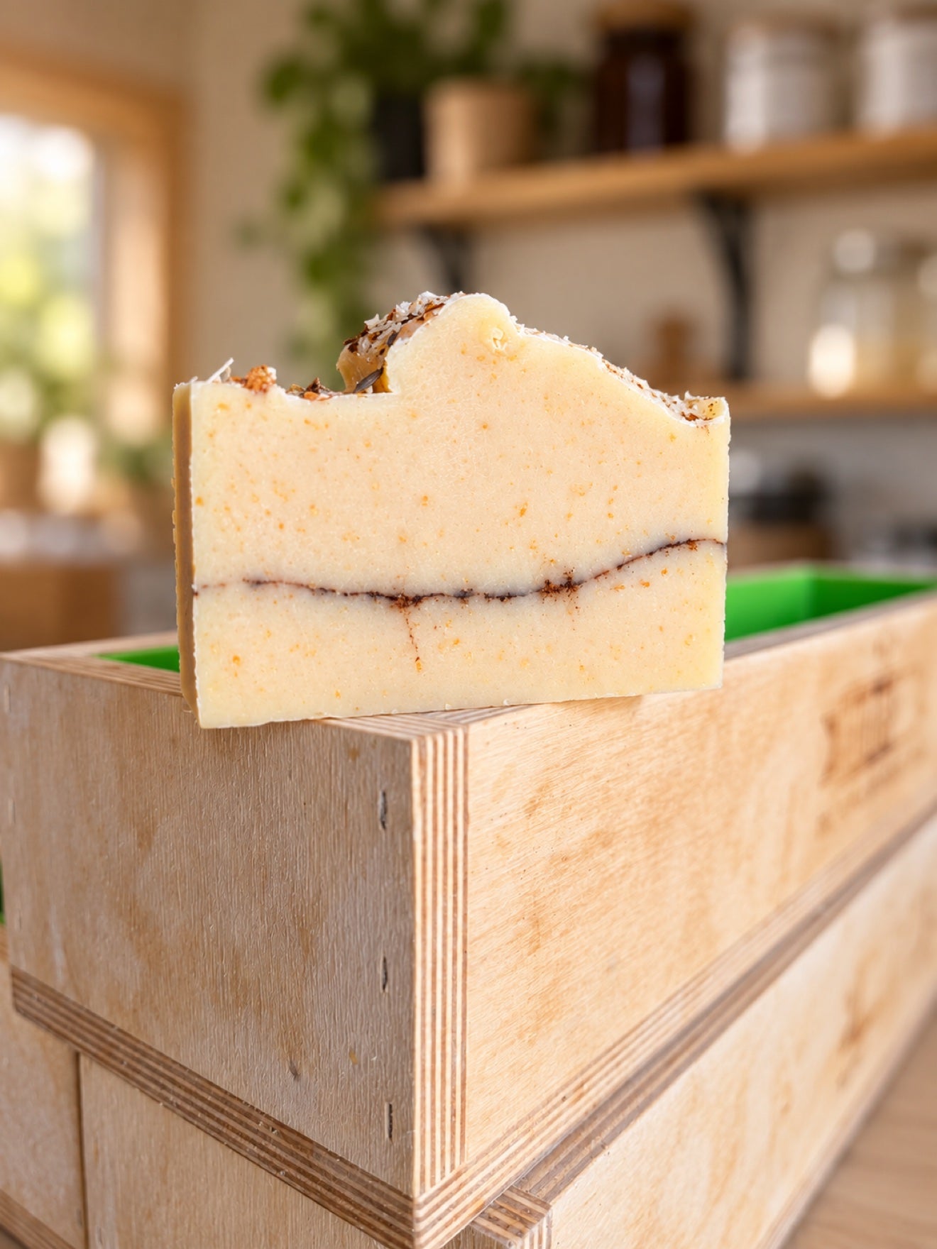 Home for Fall soap bar resting on wooden soap mold