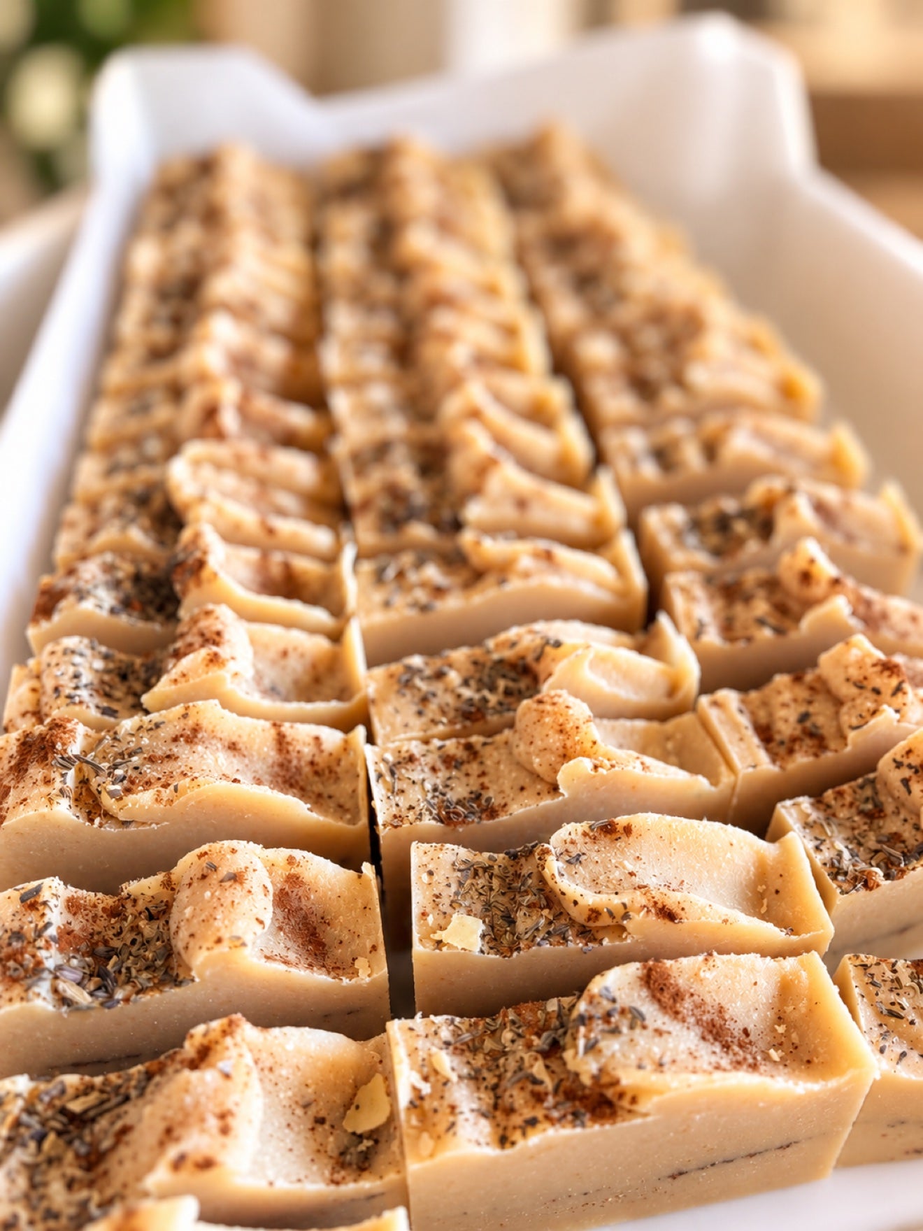 Close-up of a fresh batch of Eden Body Care Home for Fall handmade soap bars with sculpted tops and botanical accents, scented with evergreen, cinnamon, apple, and fresh linen.