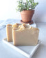 Three handmade coconut milk soap bars with a soft coconut scent displayed on a white soap dish beside a small potted plant.